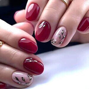 24 Glitter Fake Nails Press On Kit Glossy Leaves Sexy Glam Red Black Natural